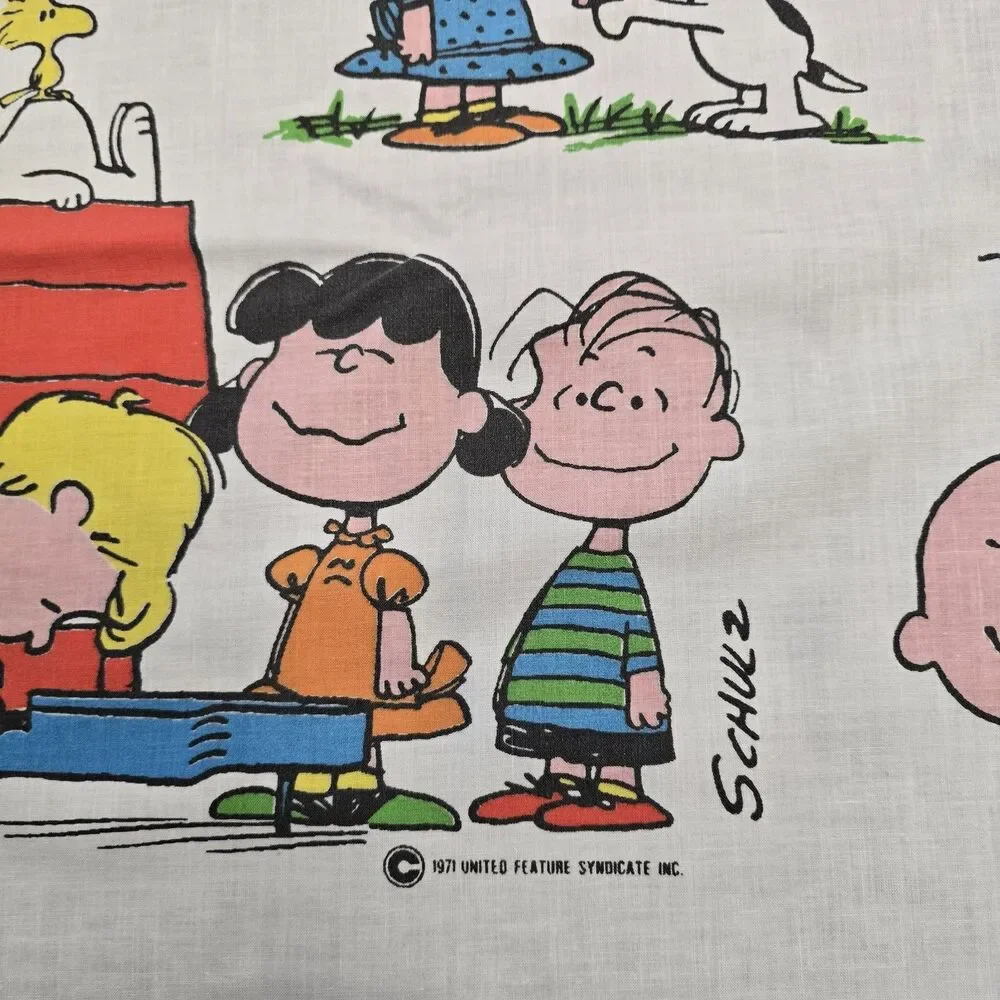 Vintage Peanuts Twin Flat Bed Muslin Sheet Sears 1971 Snoopy Charlie Brown FLAW